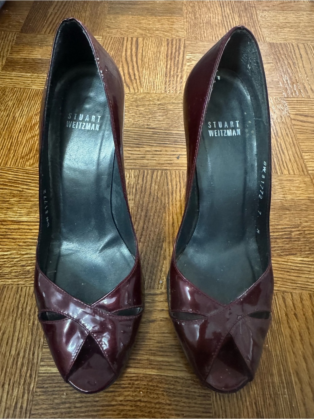 Stuart Weitzman Burgundy Patent Peep-Toe Pumps